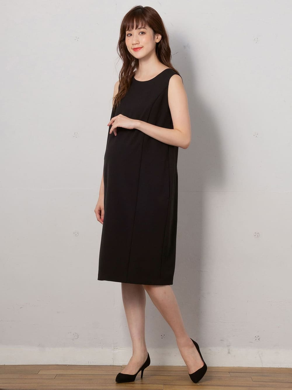 マタニティ ワンピース|ストレッチジョーゼットノースリーブワンピ－ス　マタニティ・授乳服【出産後も長く使える】|ブラック