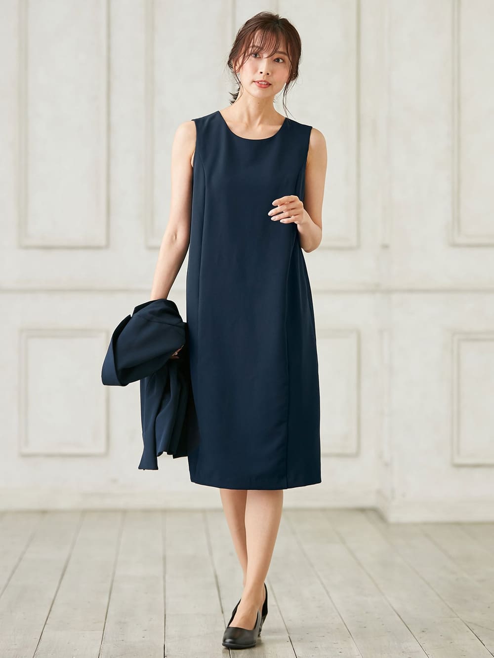 マタニティ ワンピース|ストレッチジョーゼットノースリーブワンピ－ス　マタニティ・授乳服【出産後も長く使える】|ネイビー