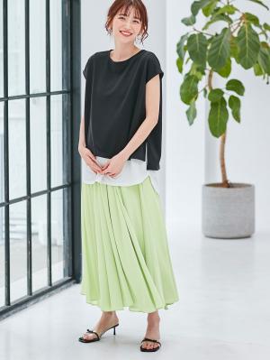 マタニティ スカート|【産前産後】楊柳シフォンギャザーフレアスカート【出産後も長く使える】|ペールグリーン