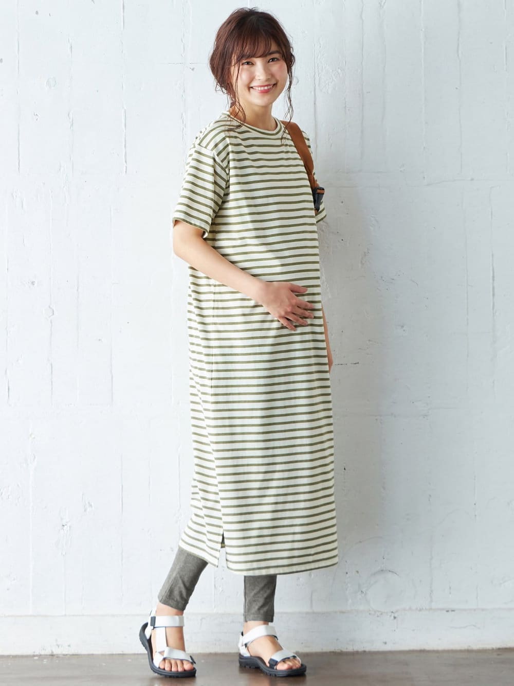 マタニティ ワンピース|ain（アイン）T/C天竺ボーダーワンピース　マタニティ・授乳服【出産後も長く使える】|カーキ