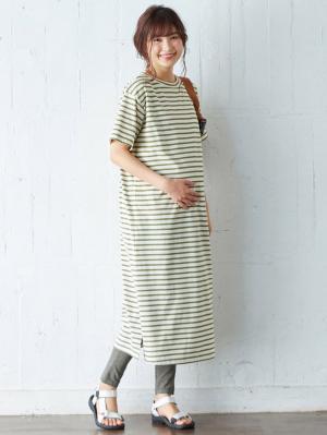 マタニティ ワンピース|ain（アイン）T/C天竺ボーダーワンピース　マタニティ・授乳服【出産後も長く使える】|カーキ