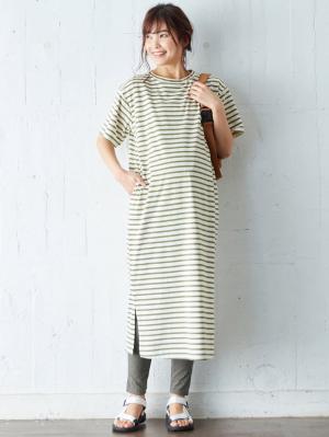 マタニティ ワンピース|ain（アイン）T/C天竺ボーダーワンピース　マタニティ・授乳服【出産後も長く使える】|カーキ