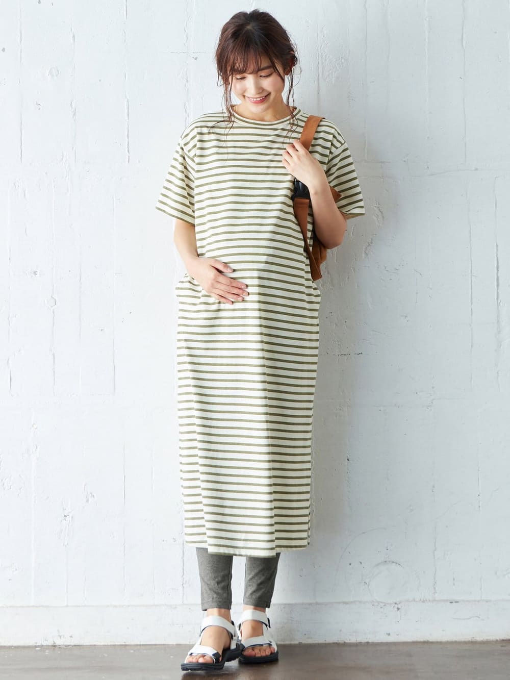 マタニティ ワンピース|ain（アイン）T/C天竺ボーダーワンピース　マタニティ・授乳服【出産後も長く使える】|カーキ