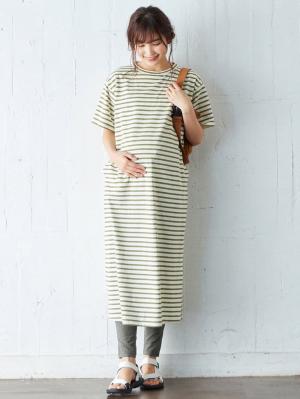 マタニティ ワンピース|ain（アイン）T/C天竺ボーダーワンピース　マタニティ・授乳服【出産後も長く使える】|カーキ