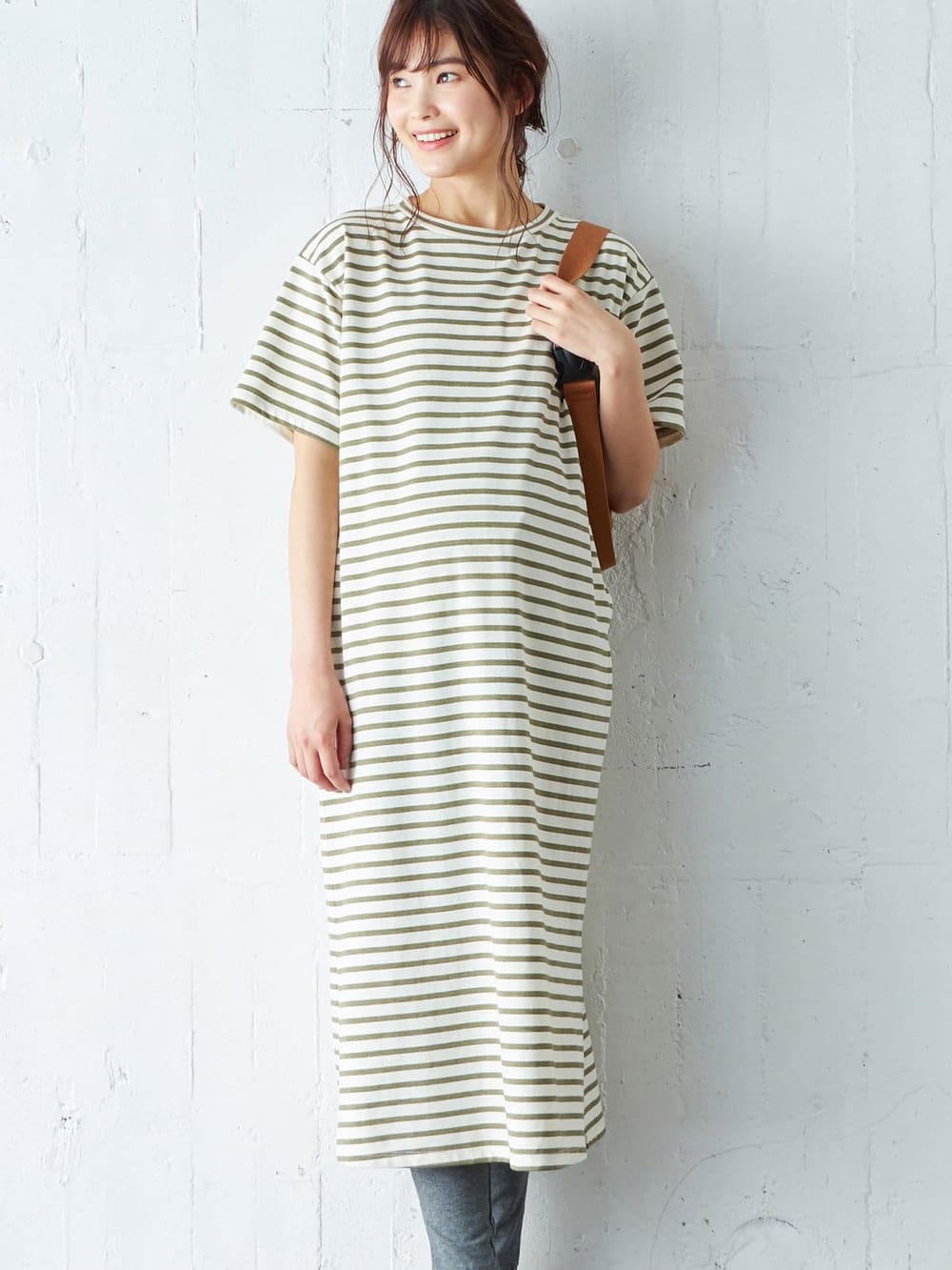 マタニティ ワンピース|ain（アイン）T/C天竺ボーダーワンピース　マタニティ・授乳服【出産後も長く使える】|カーキ