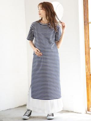 マタニティ ワンピース|ain（アイン）T/C天竺ボーダーワンピース　マタニティ・授乳服【出産後も長く使える】|ネイビー
