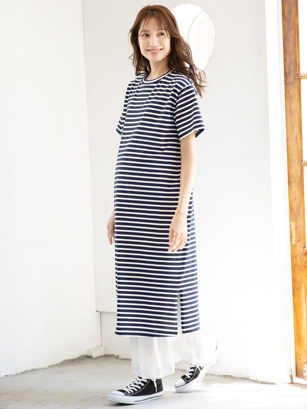 マタニティ ワンピース|ain（アイン）T/C天竺ボーダーワンピース　マタニティ・授乳服【出産後も長く使える】|ネイビー