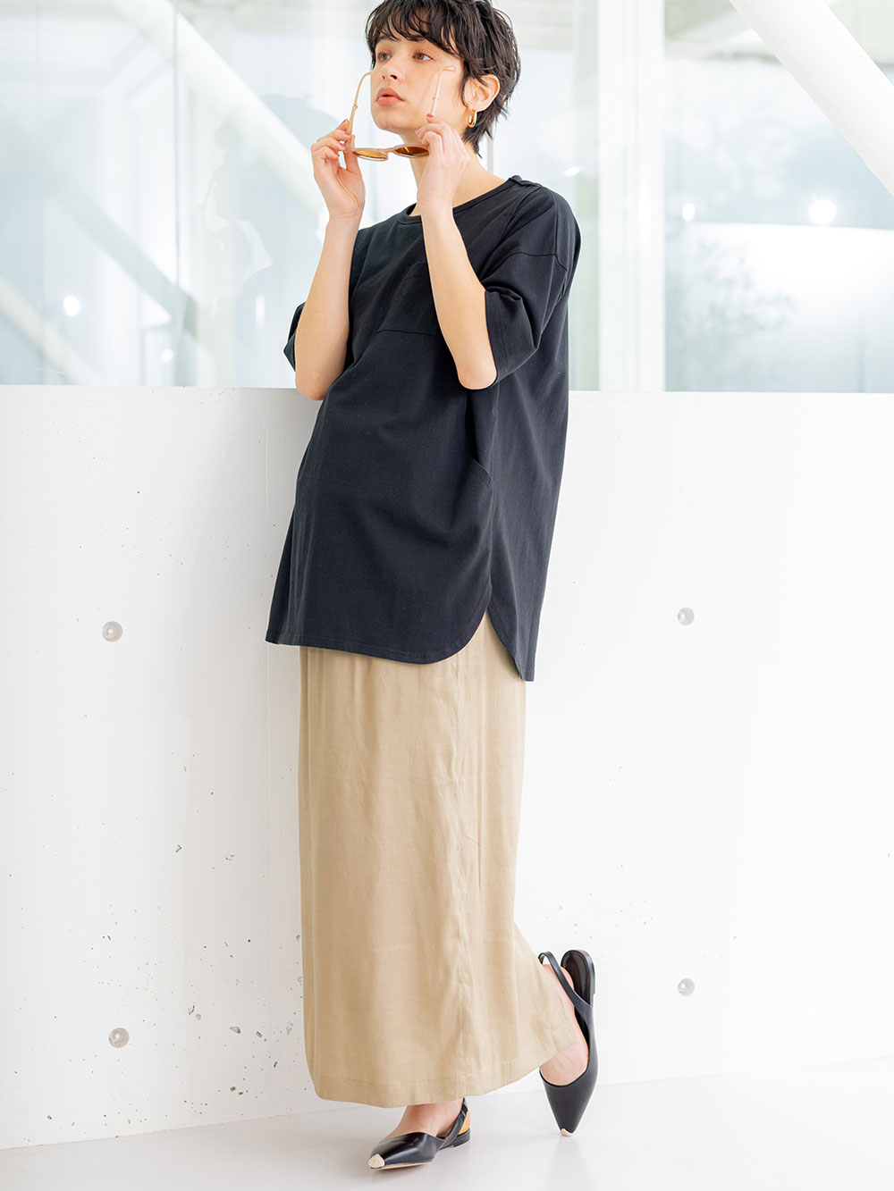 マタニティ スカート|【産前産後対応】麻混タイトスカート【出産後も長く使える】|ベージュ