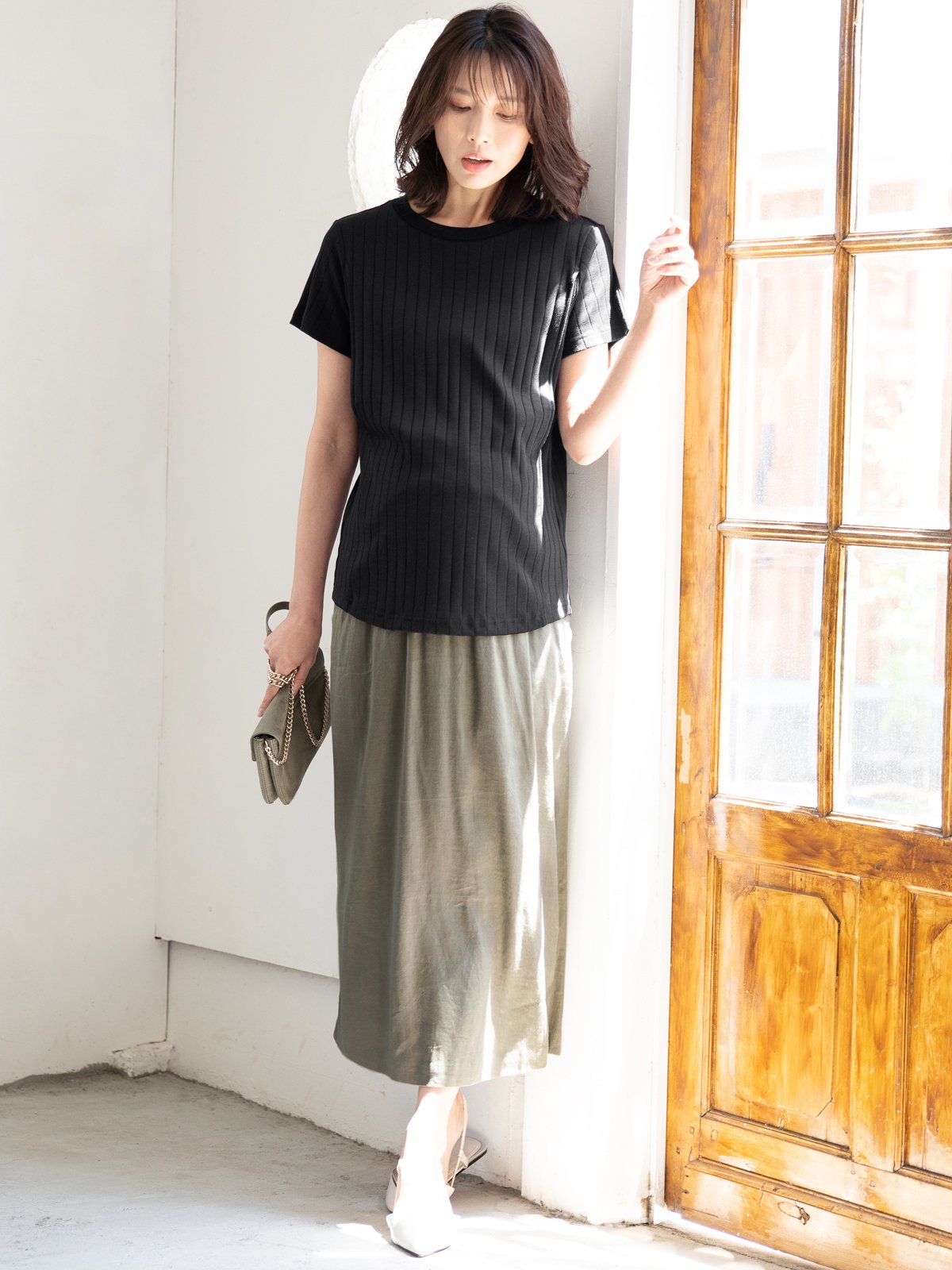 マタニティ スカート|【産前産後対応】麻混タイトスカート【出産後も長く使える】|カーキ