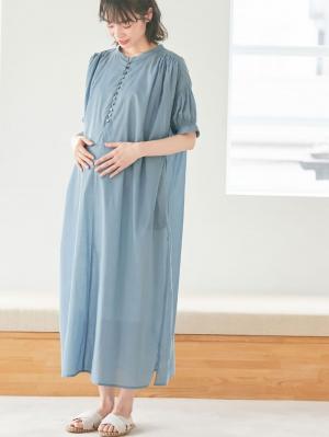 マタニティ ワンピース|コットンローンシアーロングワンピース　マタニティ・授乳服【出産後も長く使える】|サックス