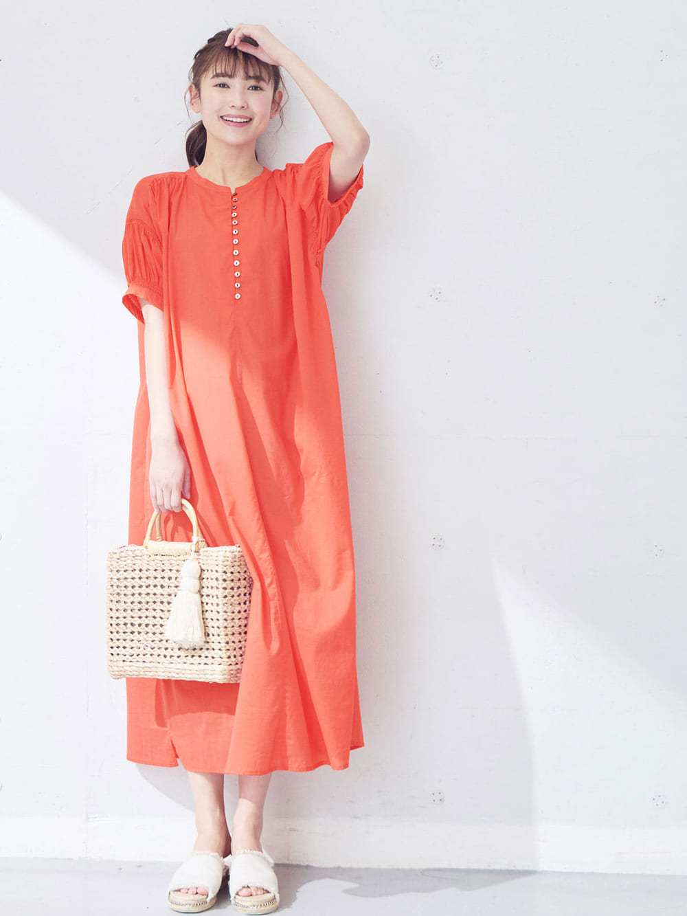 マタニティ ワンピース|コットンローンシアーロングワンピース　マタニティ・授乳服【出産後も長く使える】|コーラルオレンジ