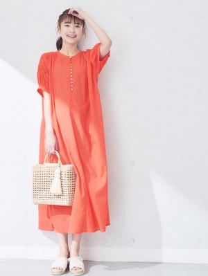 マタニティ ワンピース|コットンローンシアーロングワンピース　マタニティ・授乳服【出産後も長く使える】|コーラルオレンジ