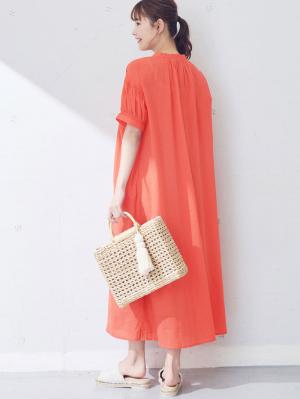 マタニティ ワンピース|コットンローンシアーロングワンピース　マタニティ・授乳服【出産後も長く使える】|コーラルオレンジ