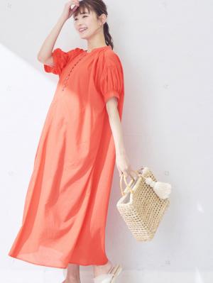 マタニティ ワンピース|コットンローンシアーロングワンピース　マタニティ・授乳服【出産後も長く使える】|コーラルオレンジ