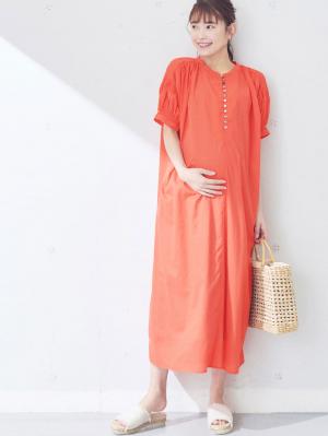 マタニティ ワンピース|コットンローンシアーロングワンピース　マタニティ・授乳服【出産後も長く使える】|コーラルオレンジ