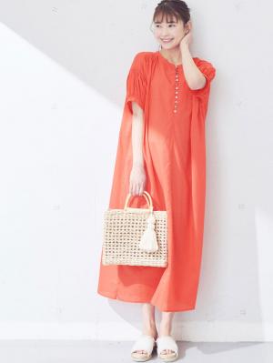 マタニティ ワンピース|コットンローンシアーロングワンピース　マタニティ・授乳服【出産後も長く使える】|コーラルオレンジ