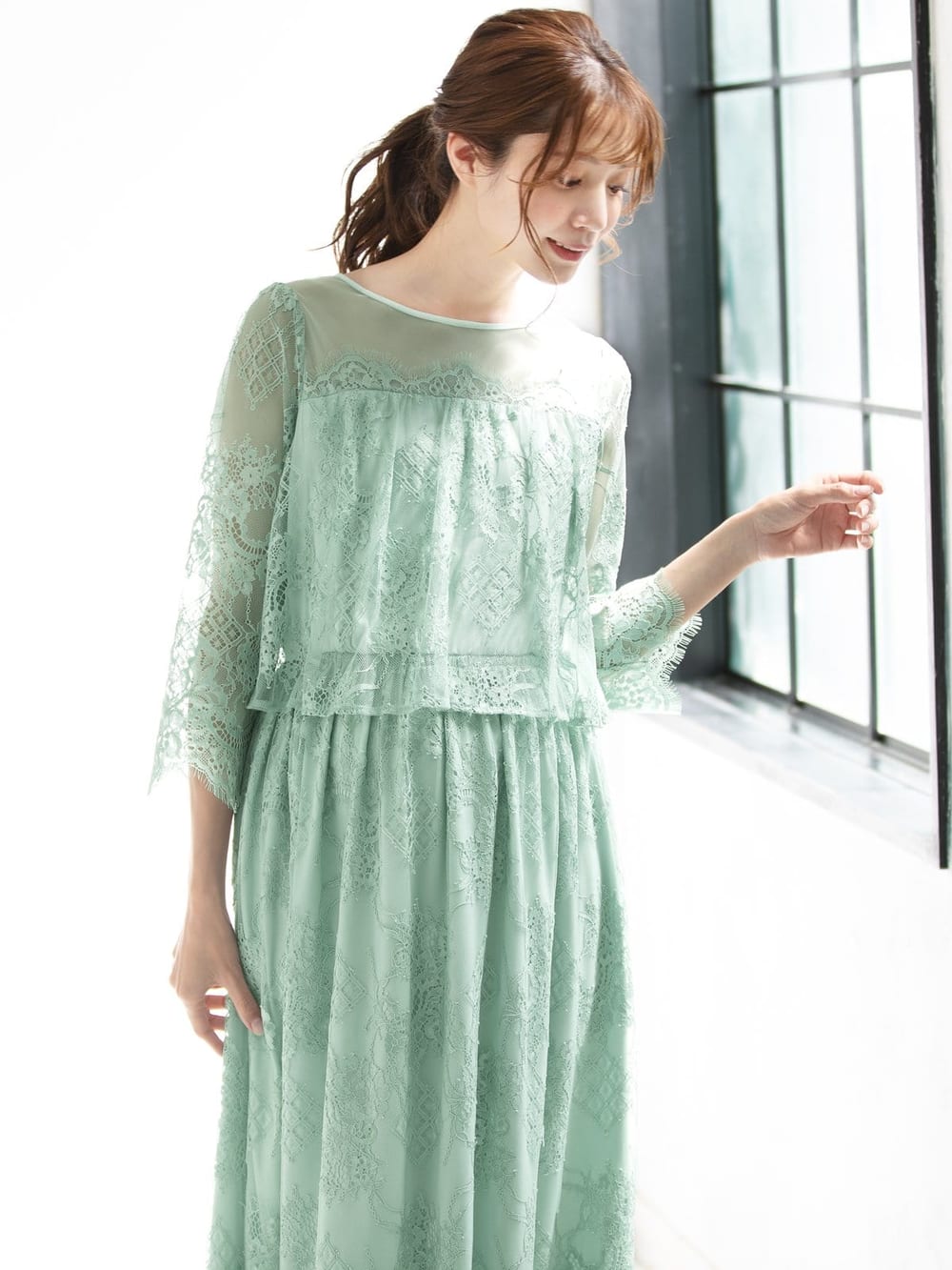 マタニティ ワンピース|スカラップレース切替ワンピース　マタニティ・授乳服【出産後も長く使える】|ミント