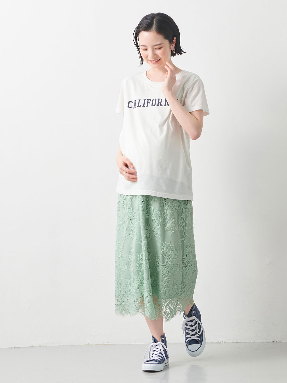 マタニティ スカート|【産前産後】スカラップレースセミタイトスカート【出産後も長く使える】|ミント