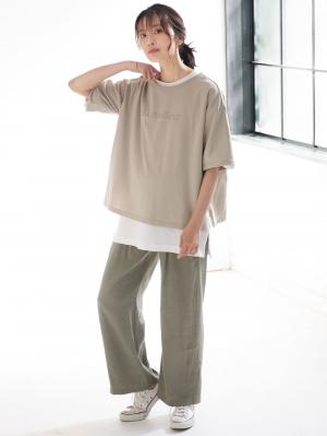マタニティ トップス|USAコットンドロップショルダーTシャツ マタニティ・授乳服【出産後も長く使える】|グレージュ(ロゴ)