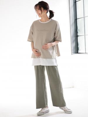 マタニティ トップス|USAコットンドロップショルダーTシャツ マタニティ・授乳服【出産後も長く使える】|グレージュ(ロゴ)