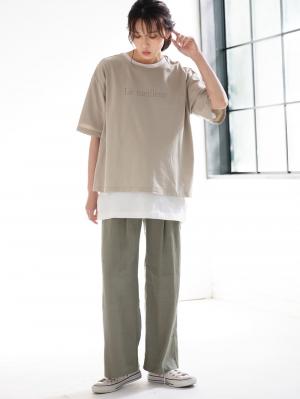 マタニティ トップス|USAコットンドロップショルダーTシャツ マタニティ・授乳服【出産後も長く使える】|グレージュ(ロゴ)
