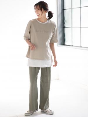 マタニティ トップス|USAコットンドロップショルダーTシャツ マタニティ・授乳服【出産後も長く使える】|グレージュ(ロゴ)