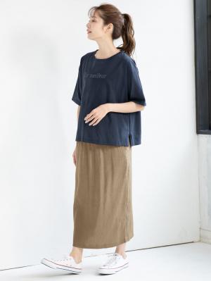 マタニティ トップス|USAコットンドロップショルダーTシャツ マタニティ・授乳服【出産後も長く使える】|ネイビー(ロゴ)