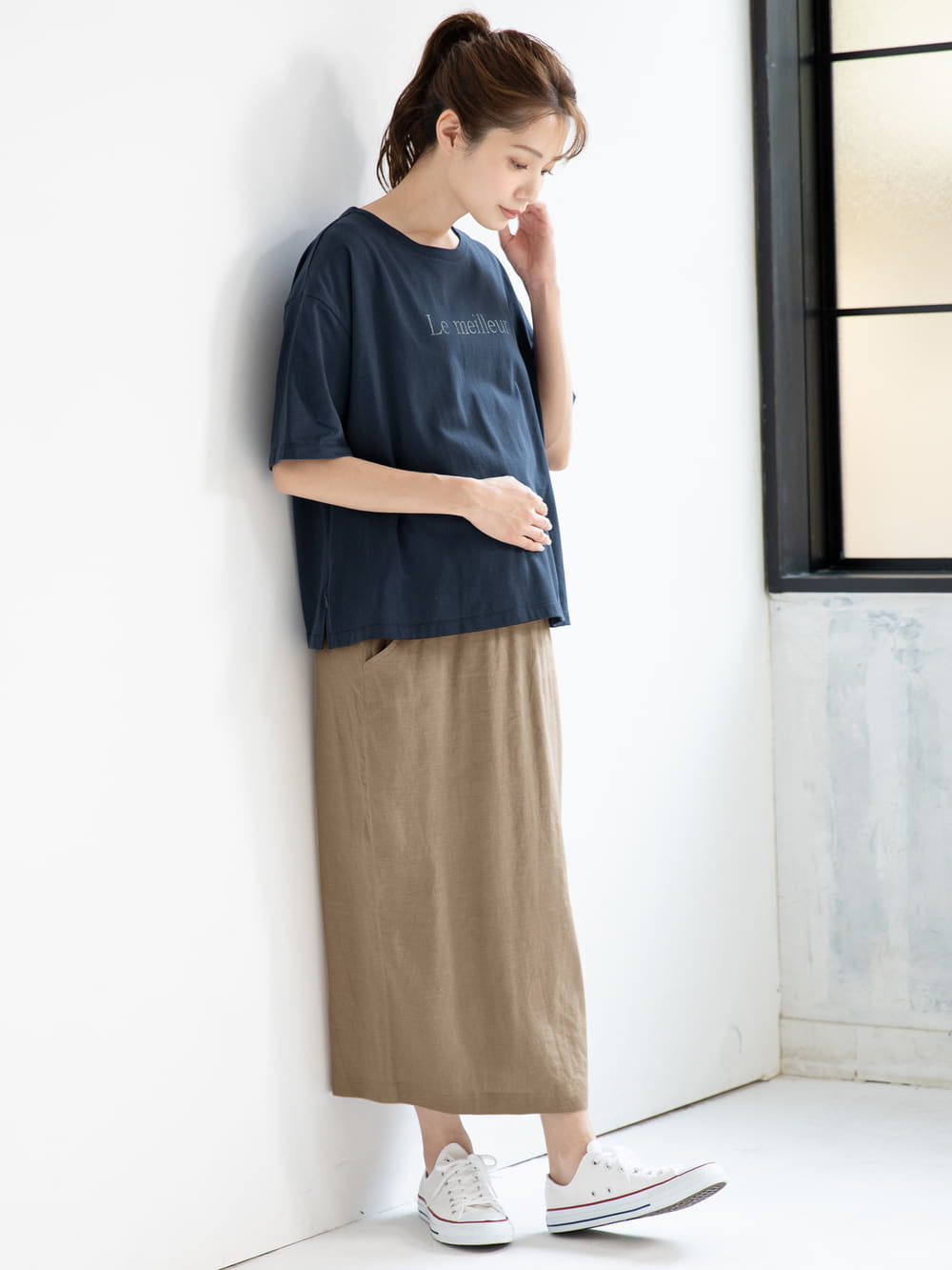 マタニティ トップス|USAコットンドロップショルダーTシャツ マタニティ・授乳服【出産後も長く使える】|ネイビー(ロゴ)