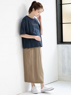 マタニティ トップス|USAコットンドロップショルダーTシャツ マタニティ・授乳服【出産後も長く使える】|ネイビー(ロゴ)