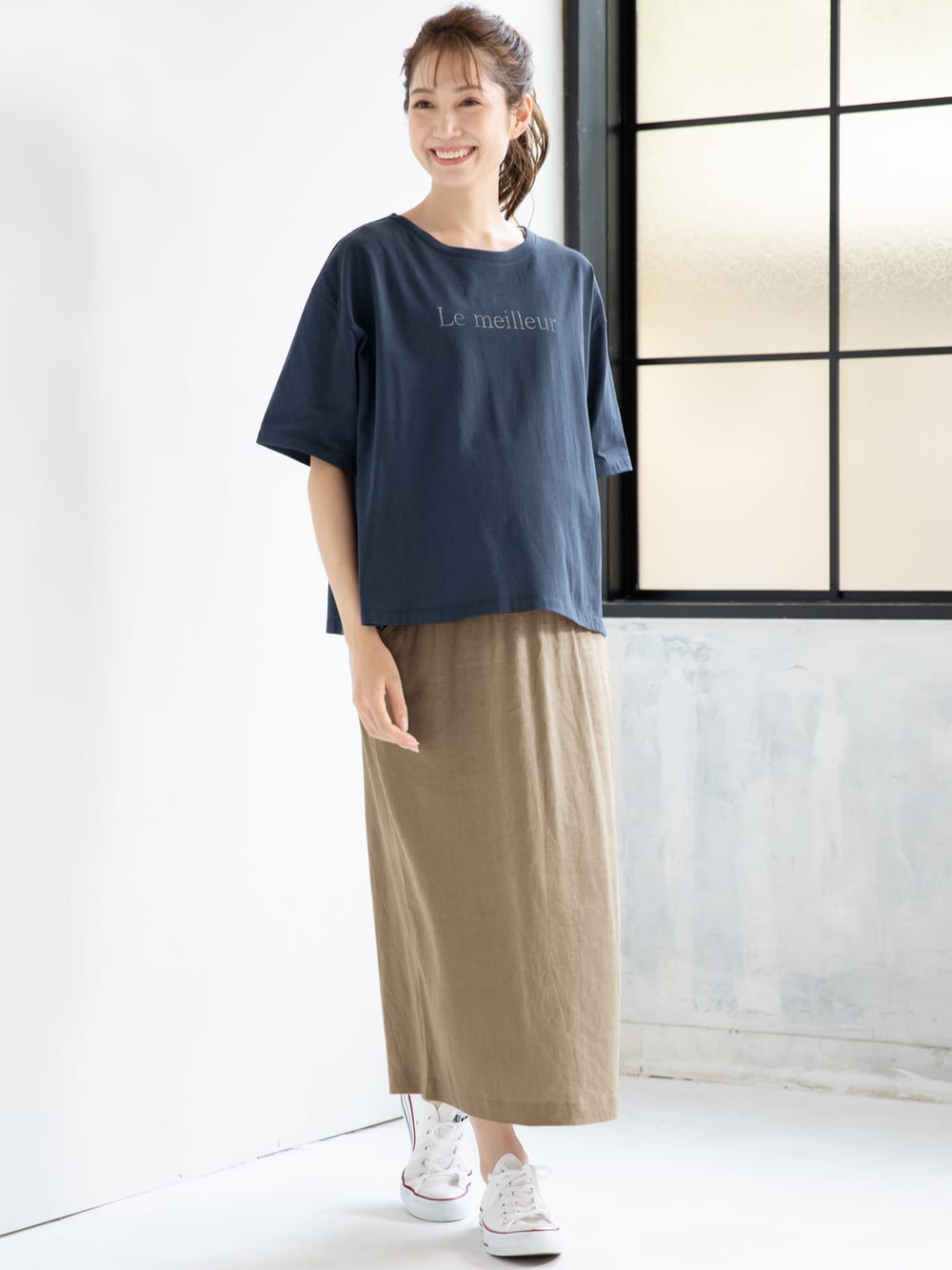 マタニティ トップス|USAコットンドロップショルダーTシャツ マタニティ・授乳服【出産後も長く使える】|ネイビー(ロゴ)