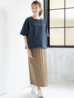 マタニティ トップス|USAコットンドロップショルダーTシャツ マタニティ・授乳服【出産後も長く使える】|ネイビー(ロゴ)