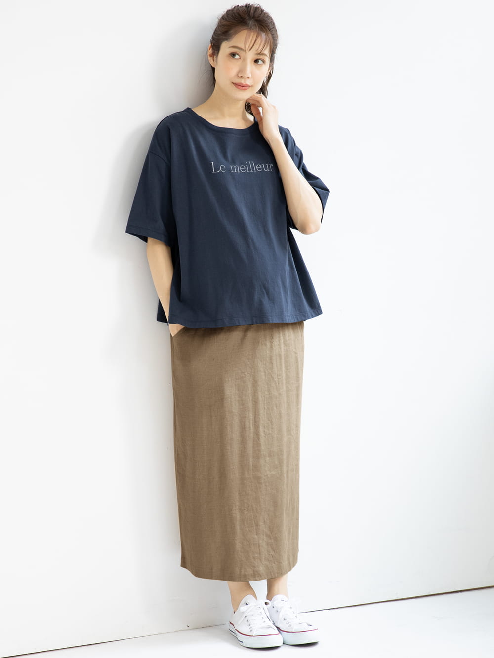 マタニティ トップス|USAコットンドロップショルダーTシャツ マタニティ・授乳服【出産後も長く使える】|ネイビー(ロゴ)