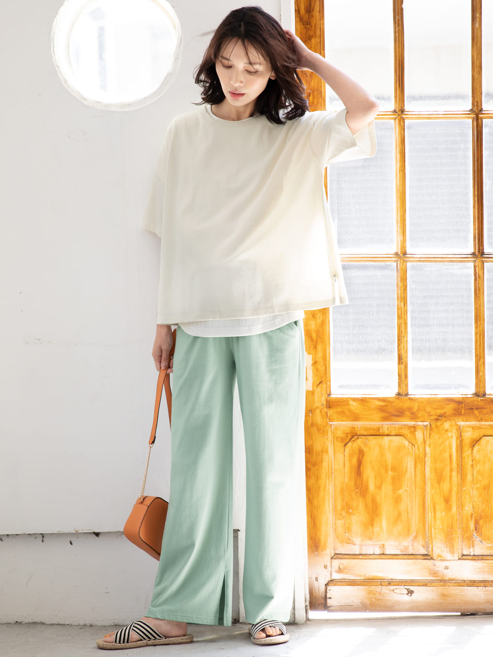 マタニティ トップス|USAコットンドロップショルダーTシャツ マタニティ・授乳服【出産後も長く使える】|オフ(無地)