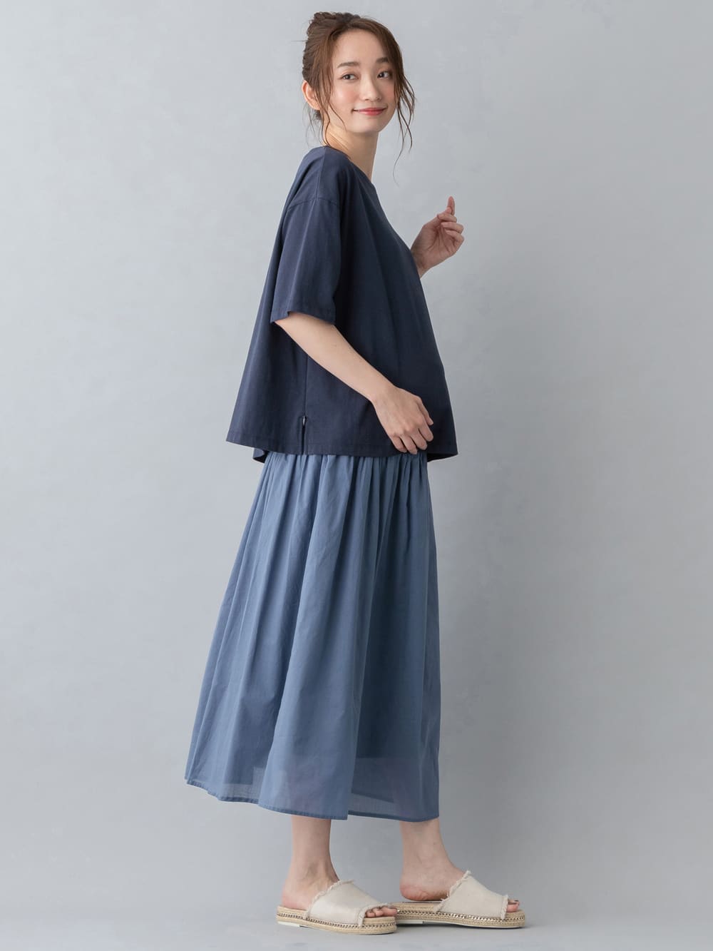 マタニティ トップス|USAコットンドロップショルダーTシャツ マタニティ・授乳服【出産後も長く使える】|ネイビー(無地)