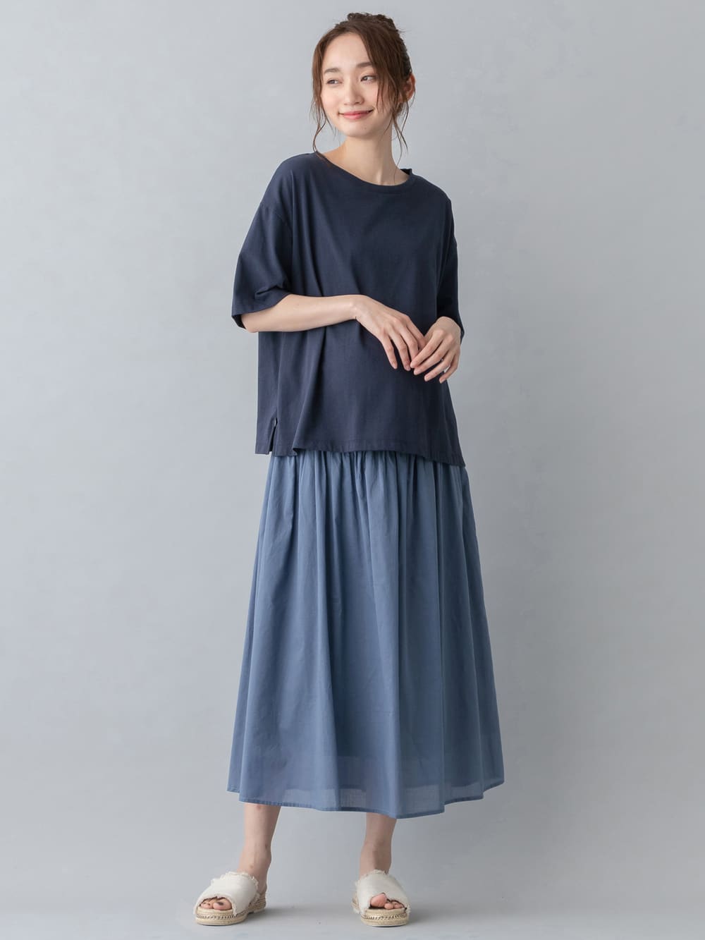 マタニティ トップス|USAコットンドロップショルダーTシャツ マタニティ・授乳服【出産後も長く使える】|ネイビー(無地)