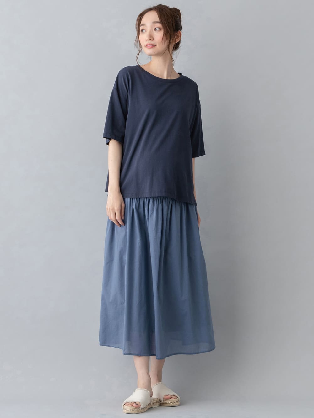 マタニティ トップス|USAコットンドロップショルダーTシャツ マタニティ・授乳服【出産後も長く使える】|ネイビー(無地)