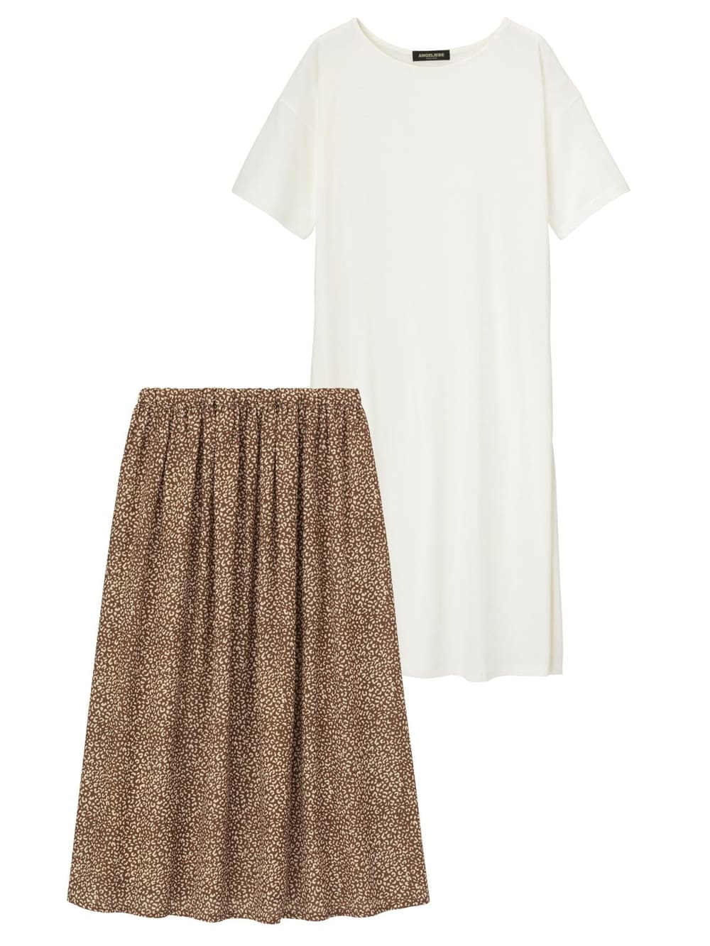 マタニティ ワンピース|【セット】スリットＴシャツロングワンピ＆産後使えるレオパードマキシスカート　マタニティ・授乳服【出産後も長く使える】|オフ×ブラウン