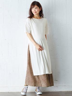 マタニティ ワンピース|【セット】スリットＴシャツロングワンピ＆産後使えるレオパードマキシスカート　マタニティ・授乳服【出産後も長く使える】|オフ×ブラウン