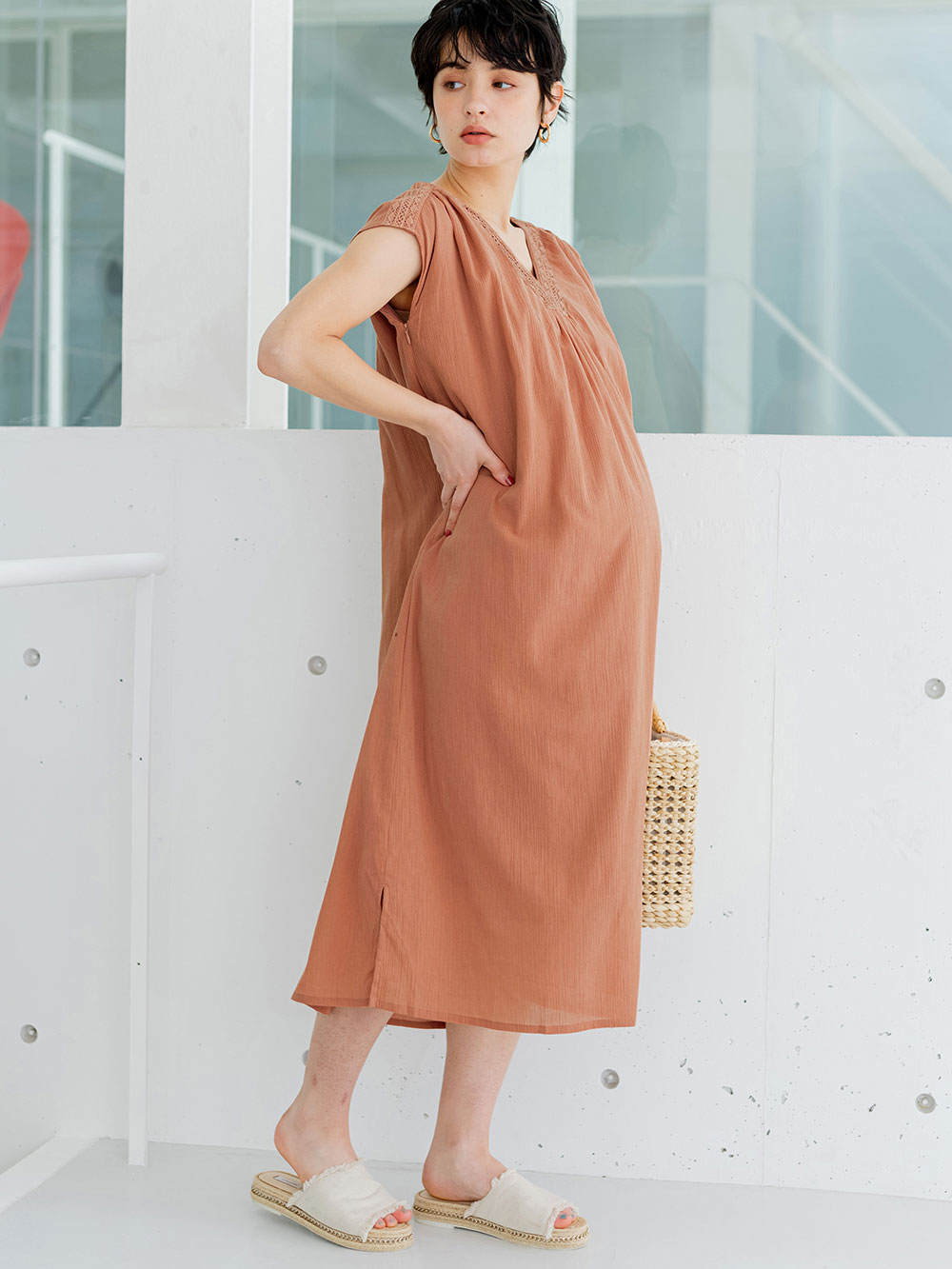 マタニティ ワンピース 出産後も長く使える 楊柳レースワンピース マタニティ 授乳服 マタニティウェア 授乳服通販 エンジェリーベ 公式