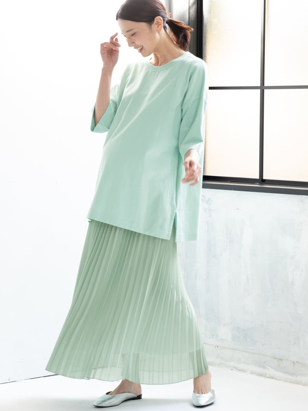 マタニティ スカート|【産前産後】ライトシフォンプリーツスカート【出産後も長く使える】|ミント