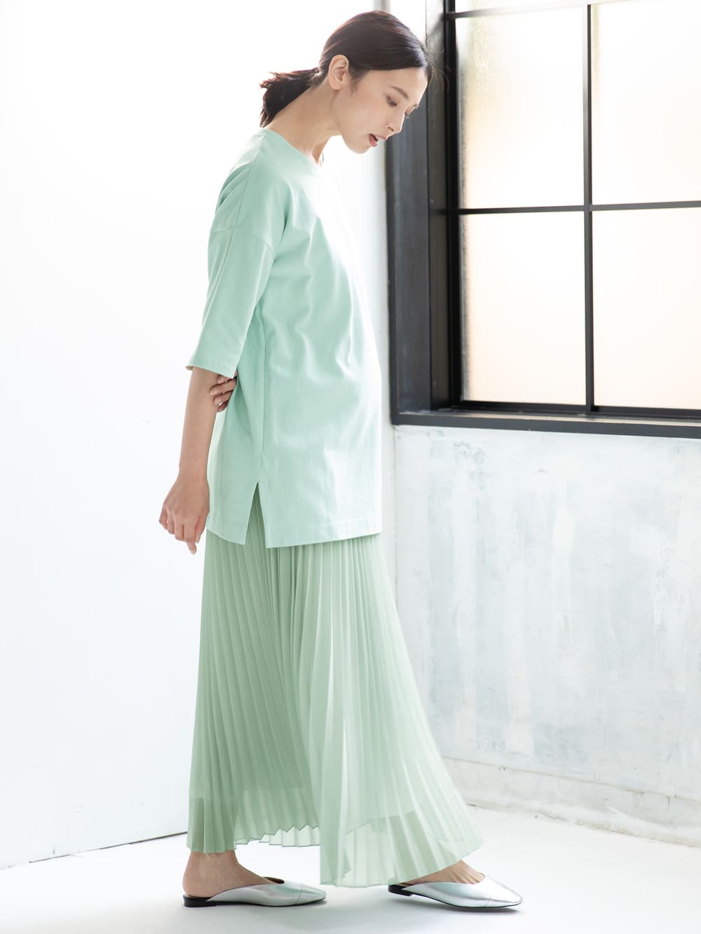 マタニティ スカート|【産前産後】ライトシフォンプリーツスカート【出産後も長く使える】|ミント