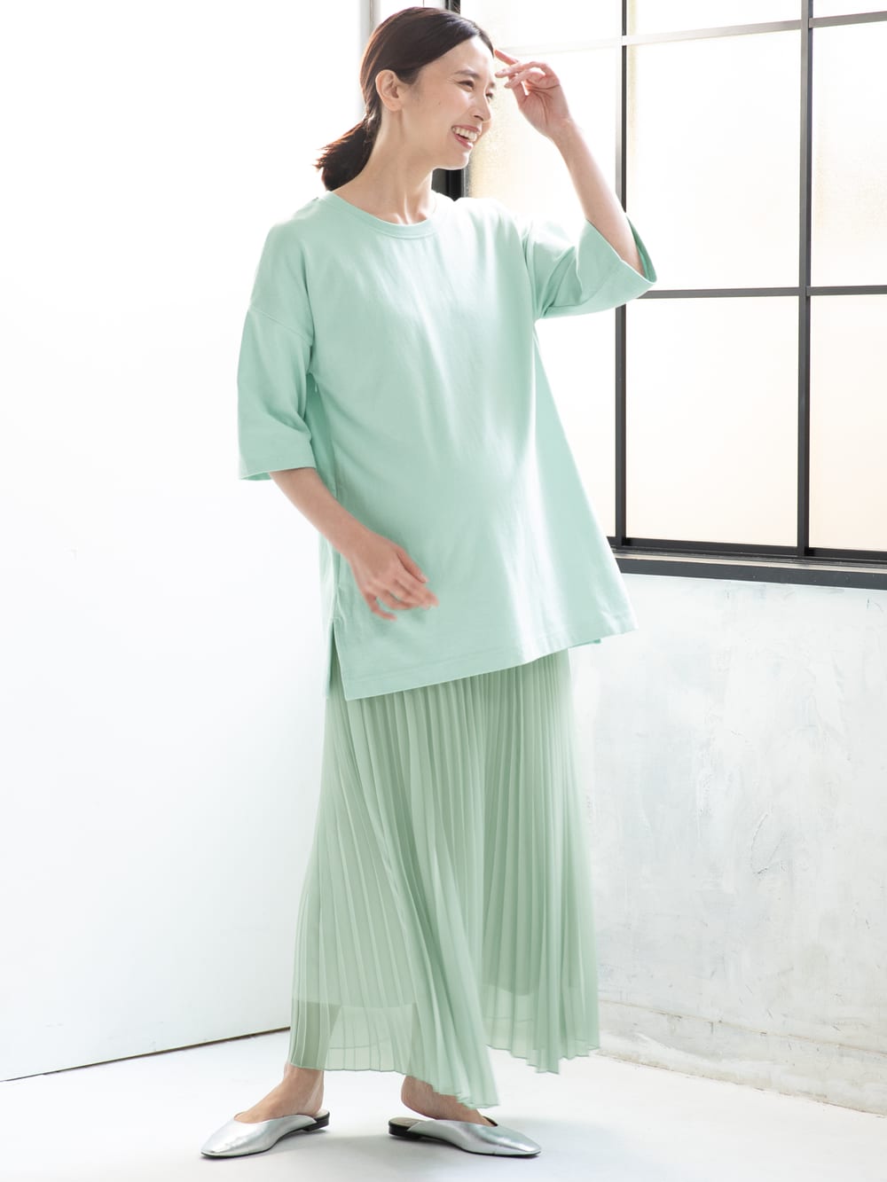 マタニティ スカート|【産前産後】ライトシフォンプリーツスカート【出産後も長く使える】|ミント