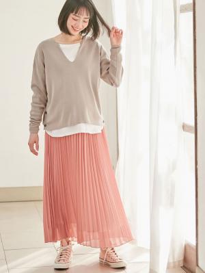 マタニティ スカート|【産前産後】ライトシフォンプリーツスカート【出産後も長く使える】|スモーキーオレンジ