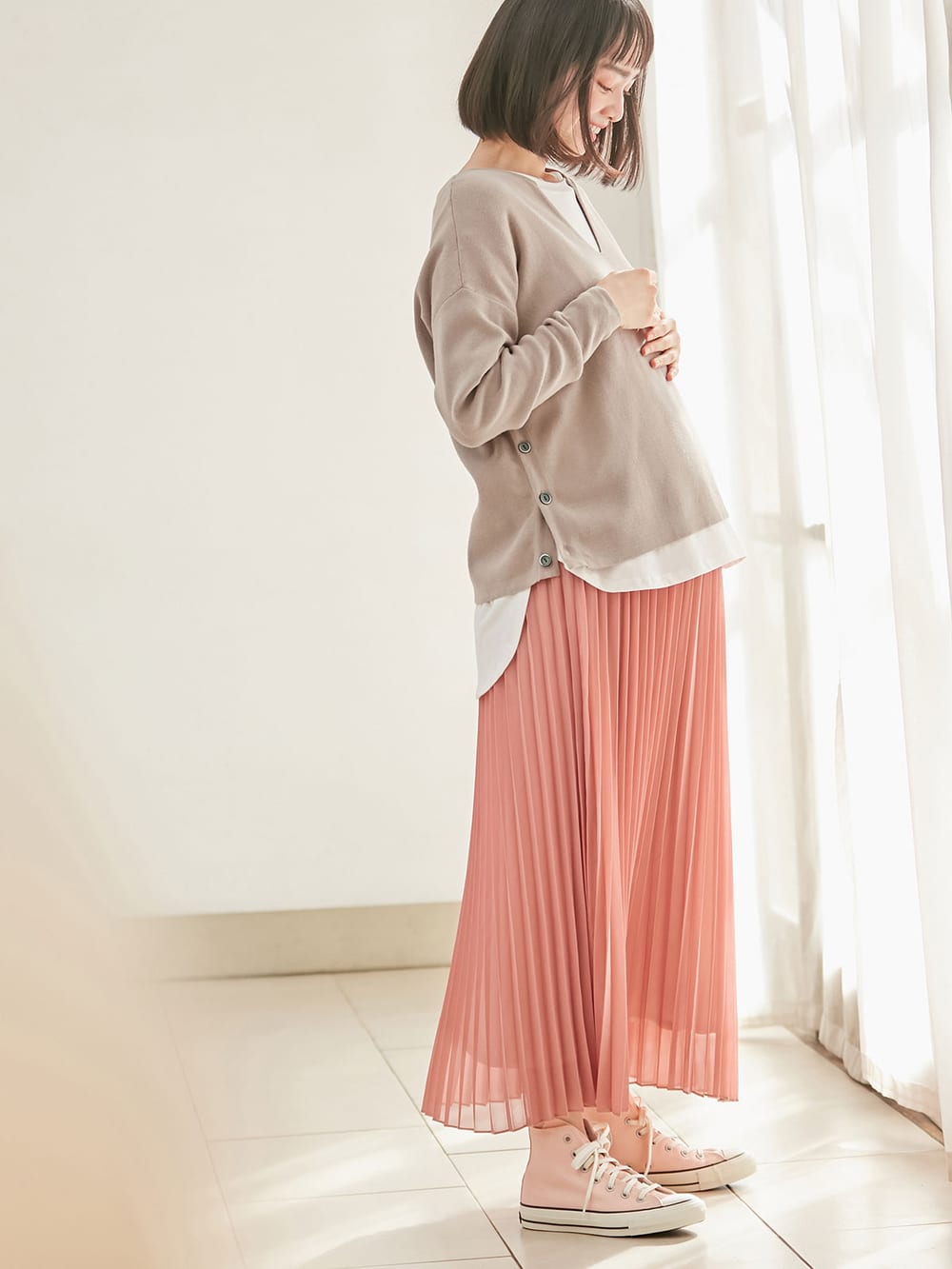 マタニティ スカート|【産前産後】ライトシフォンプリーツスカート【出産後も長く使える】|スモーキーオレンジ