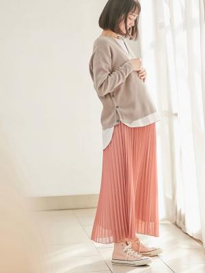 マタニティ スカート|【産前産後】ライトシフォンプリーツスカート【出産後も長く使える】|スモーキーオレンジ