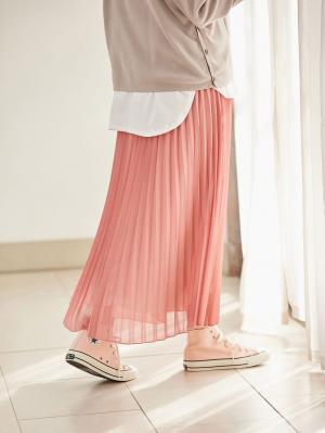 マタニティ スカート|【産前産後】ライトシフォンプリーツスカート【出産後も長く使える】|スモーキーオレンジ