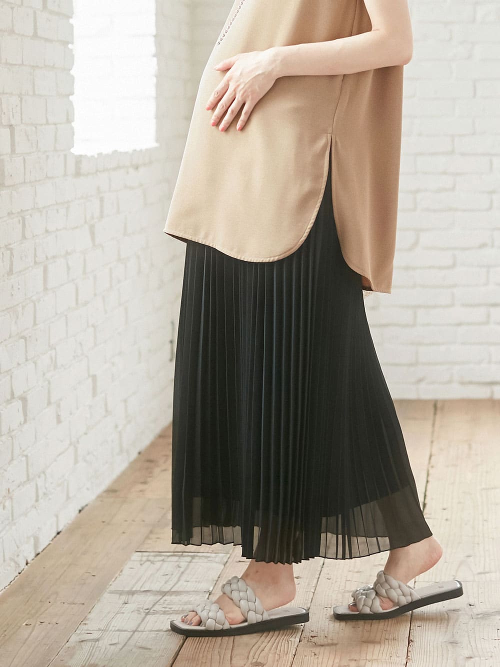 マタニティ スカート|【産前産後】ライトシフォンプリーツスカート【出産後も長く使える】|ブラック