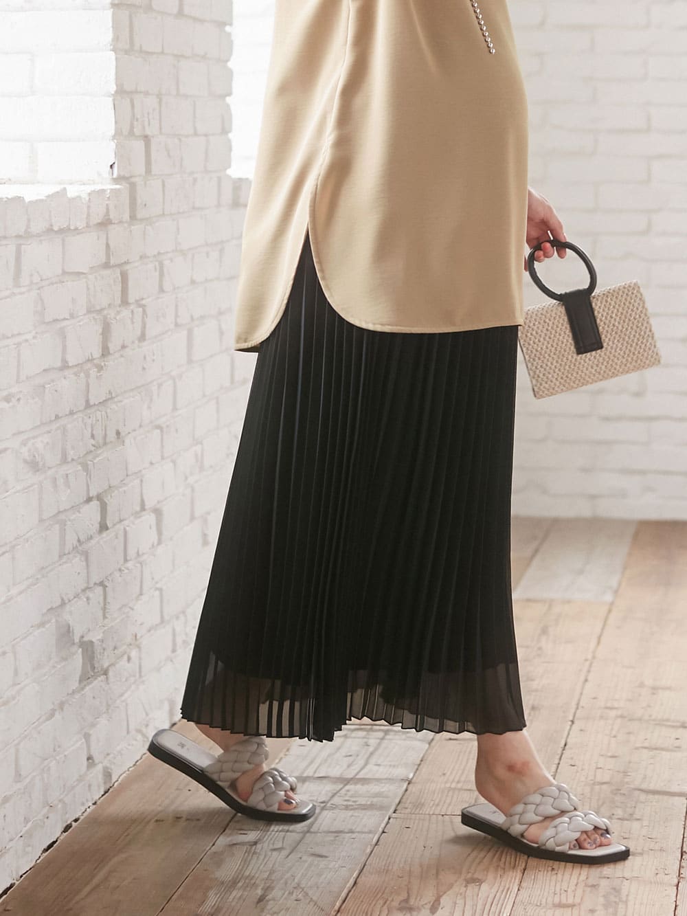 マタニティ スカート|【産前産後】ライトシフォンプリーツスカート【出産後も長く使える】|ブラック
