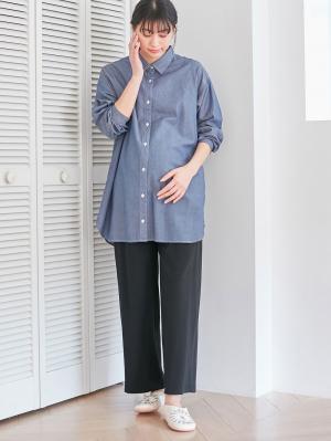 マタニティ パジャマ・ルームウェア|【授乳しやすい】【セット】ダンガリーチュニックシャツ＆産前産後ワイドパンツ|ネイビー