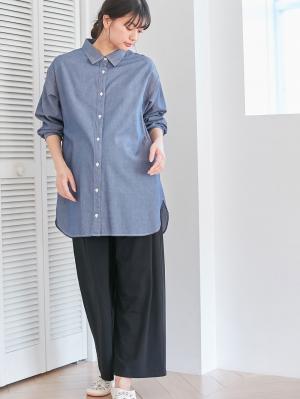 マタニティ パジャマ・ルームウェア|【授乳しやすい】【セット】ダンガリーチュニックシャツ＆産前産後ワイドパンツ|ネイビー